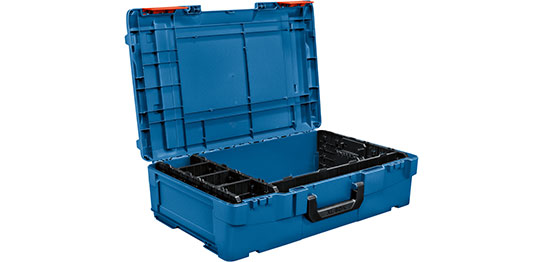 Blue Bosch Professional tool case, open, with compartments for accessories.