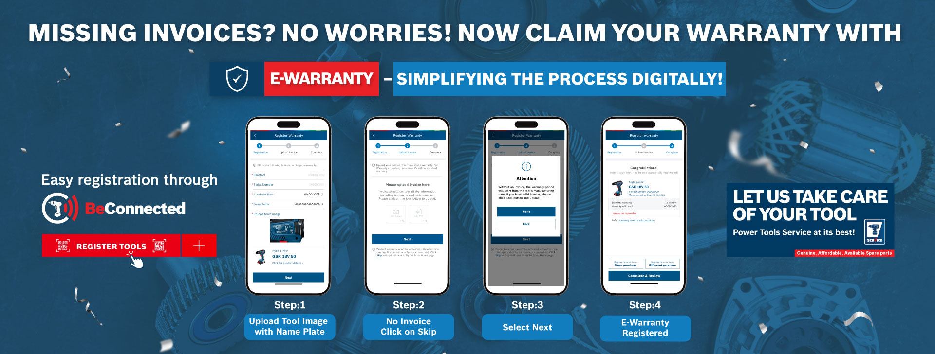 Mobile devices show steps for online tool registration.