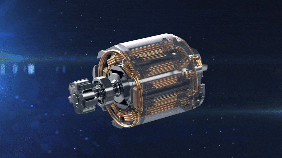 A transparent motor with copper wires on a dark background.