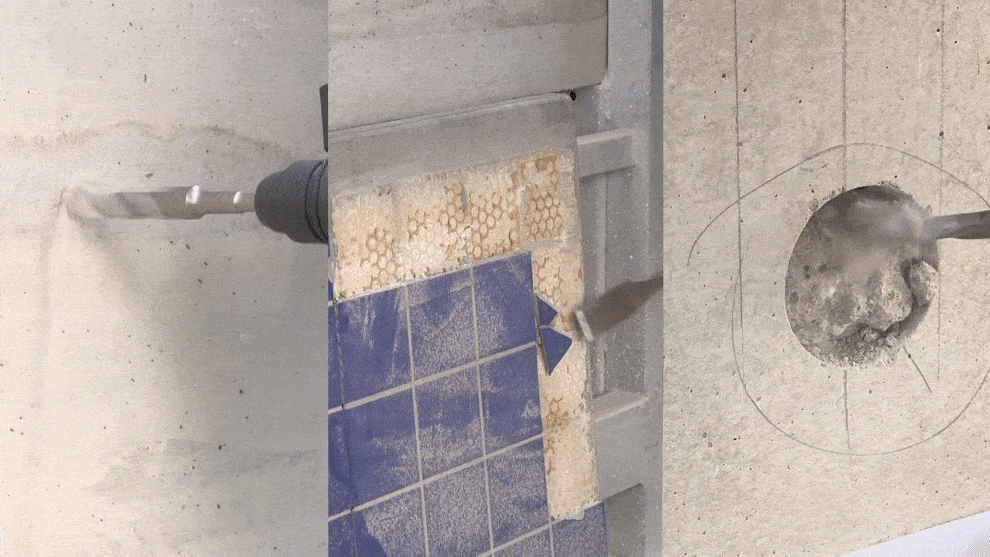 Bosch Professional drill breaks through concrete and tiles, dust flies.