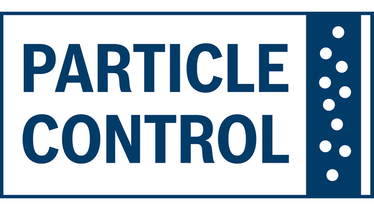 Logo with the text "PARTICLE CONTROL" in blue on a white background.
