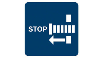 A blue sign with a white stop symbol and an arrow pointing left.