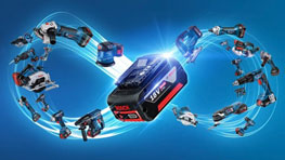 Bosch Professional cordless tools arranged on a blue background.