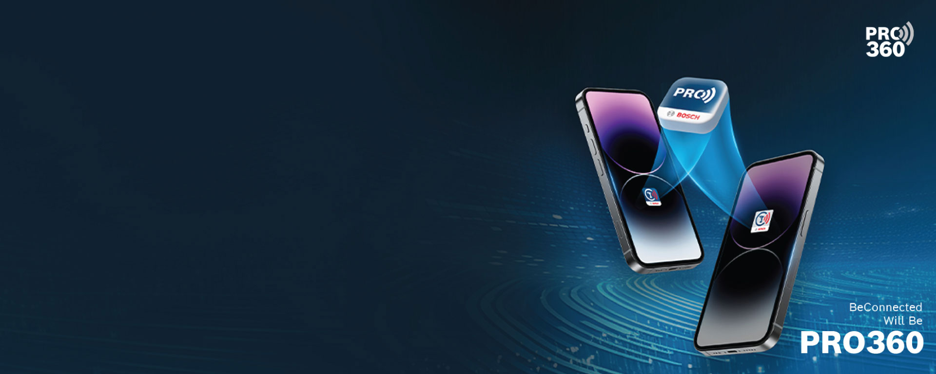 Two black smartphones stand side by side on a dark background, connected by a blue symbol.