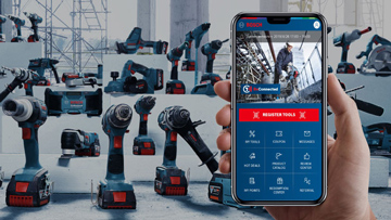 A smartphone displays Bosch Professional tools in a warehouse.
