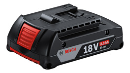 A black Bosch Professional 18V battery with red detail on a white background.