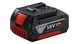 Black Bosch Professional battery with red accent and 18V inscription.