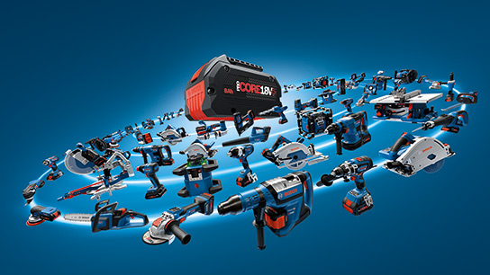 Various Bosch Professional tools and batteries on a blue background.