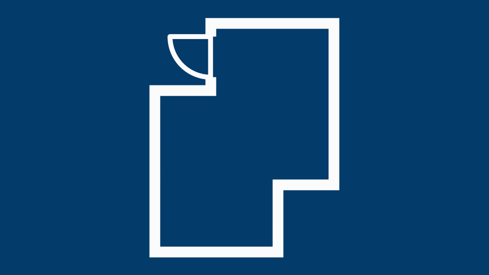 A schematic representation of a room in white on a blue background.