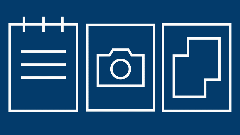 Three white symbols: notepad, camera, geometric shapes on a blue background.