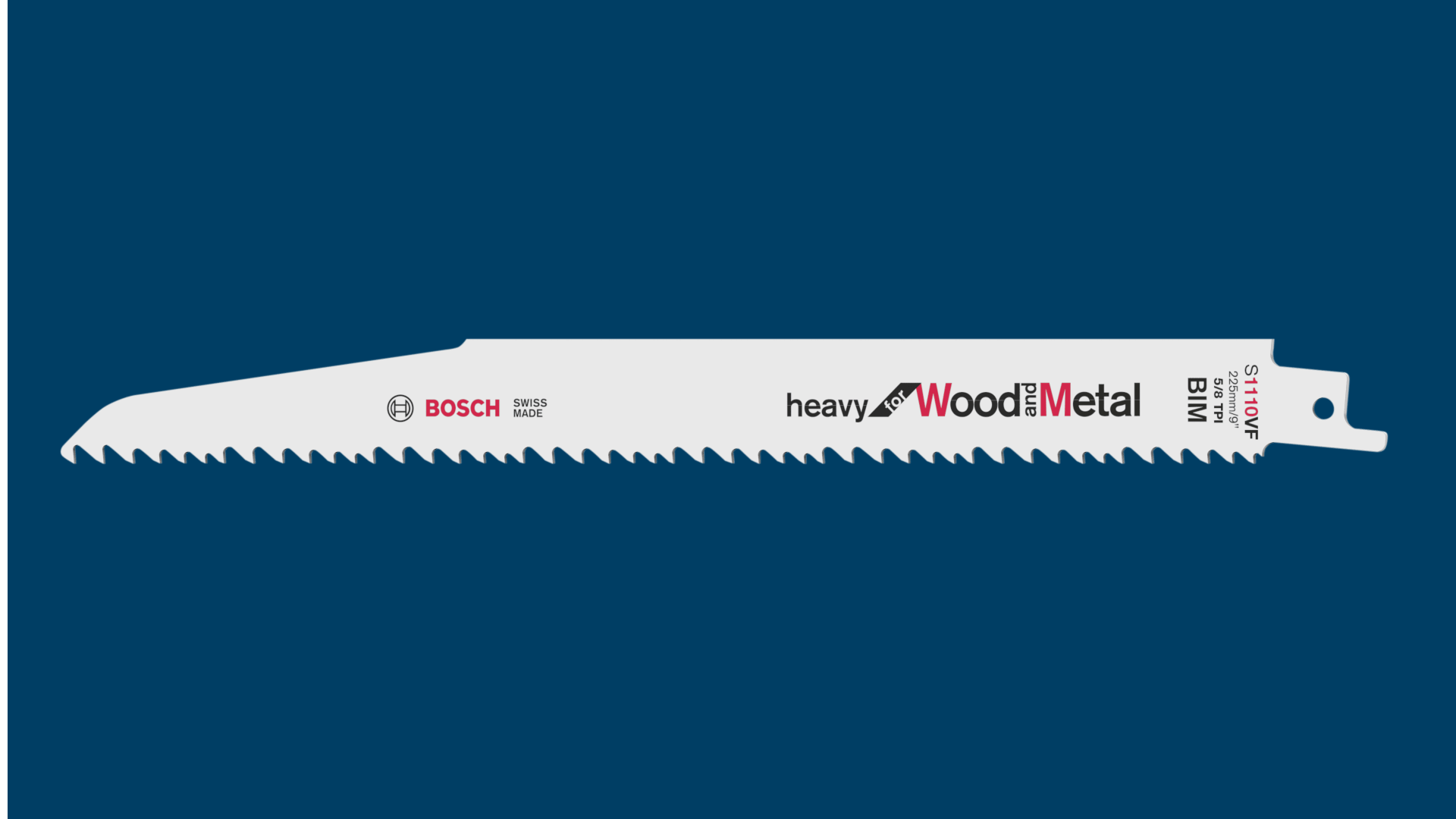 A Bosch Professional saw blade for wood and metal on a blue background.