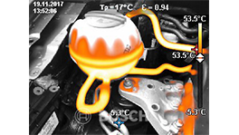A thermal image shows heating areas in the engine compartment of a vehicle.