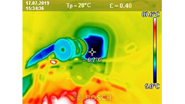 A thermal image shows a blue Bosch tool head with temperature.