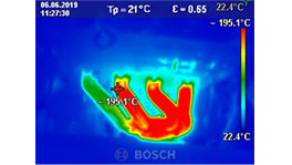Infrared image shows hot areas of a Bosch tool with temperature data.