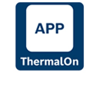 Logo of ThermalOn: blue background, white text, square.