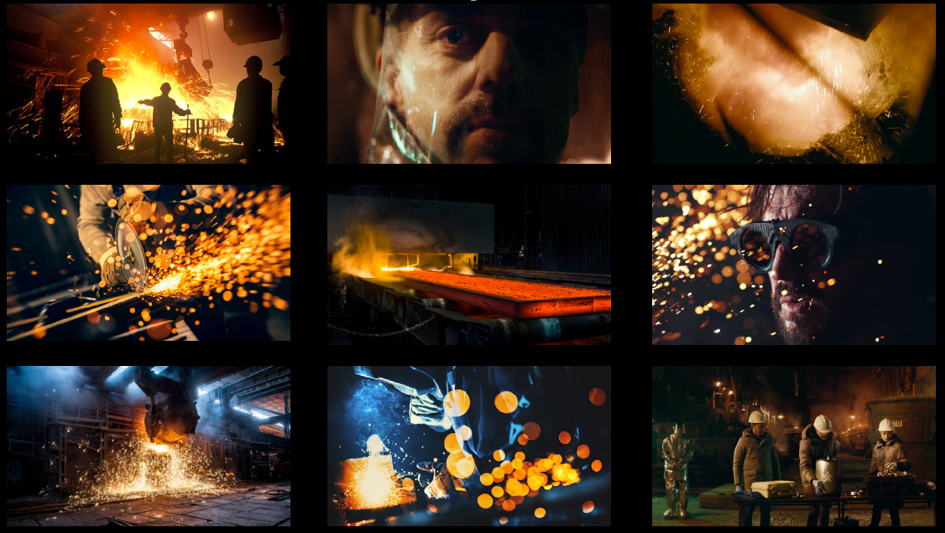 Worker in safety protective clothing, sparks flying, hot molten metal.