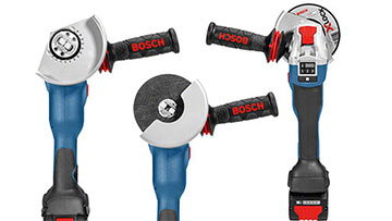 Three Bosch Professional angle grinders arranged in blue and silver.